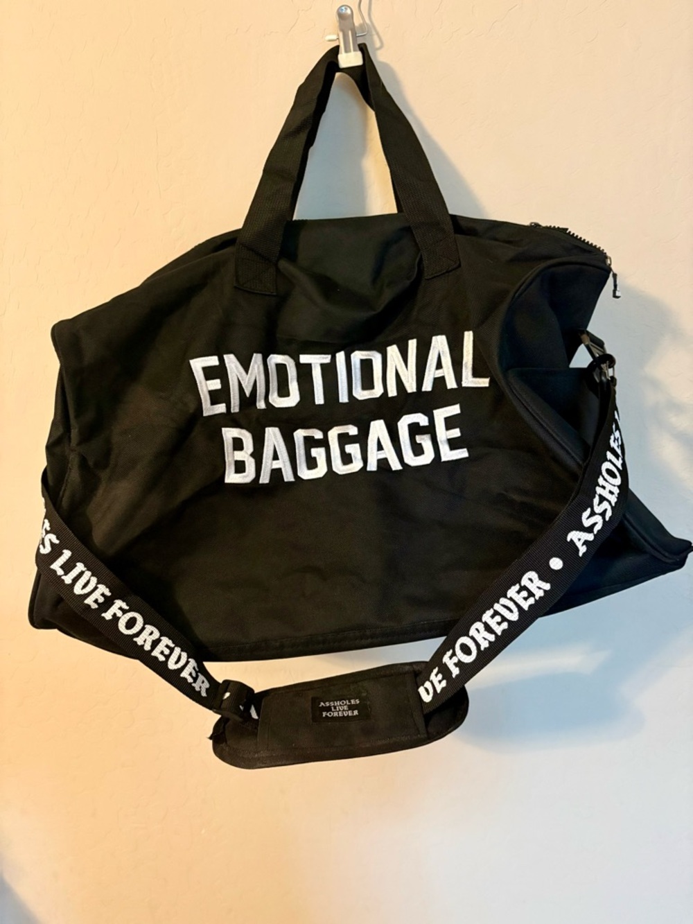 Assholes Live Forever Emotional Baggage Black Duffle Bag by